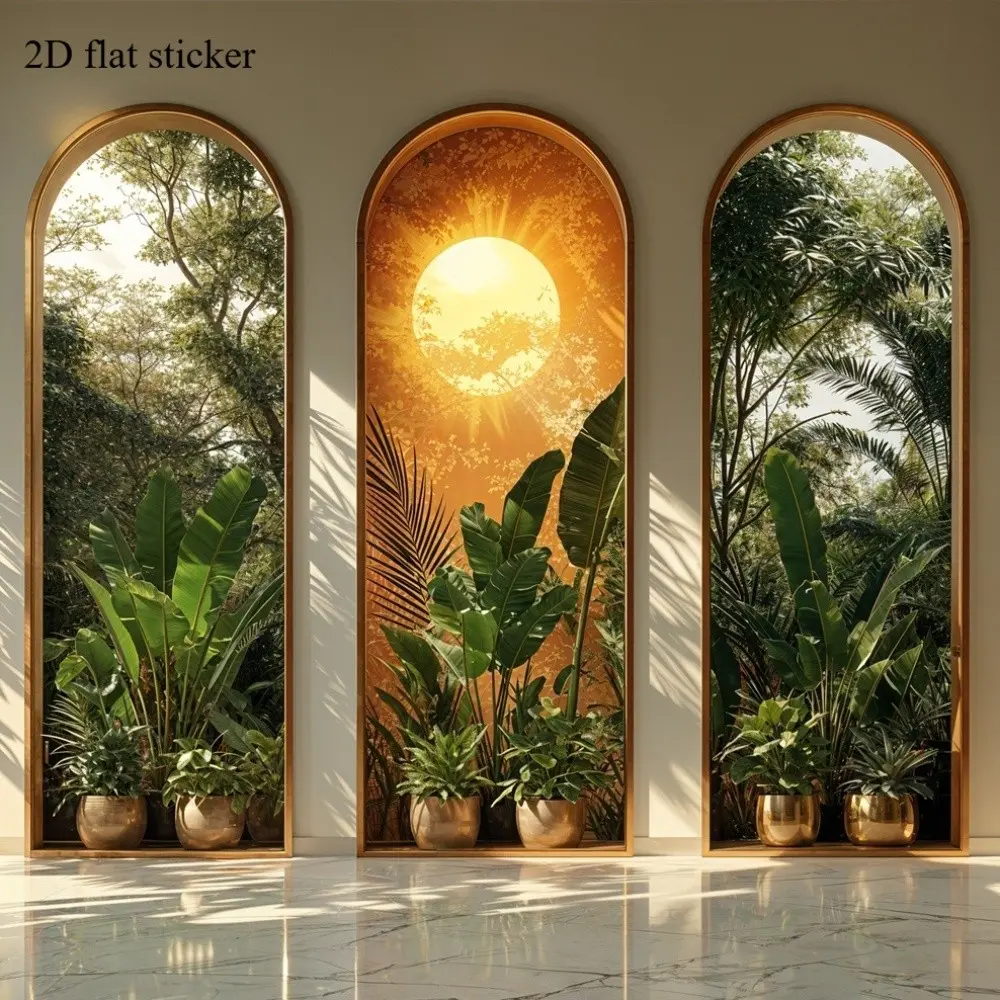 3 Piece Tropical Arch Window Wall Stickers, Decorative Stickers, Living Room Wall Decor, Home Decor, Glossy Banana Leaf and Palm Tree Jungle Decals, Border, Easy Install Removable