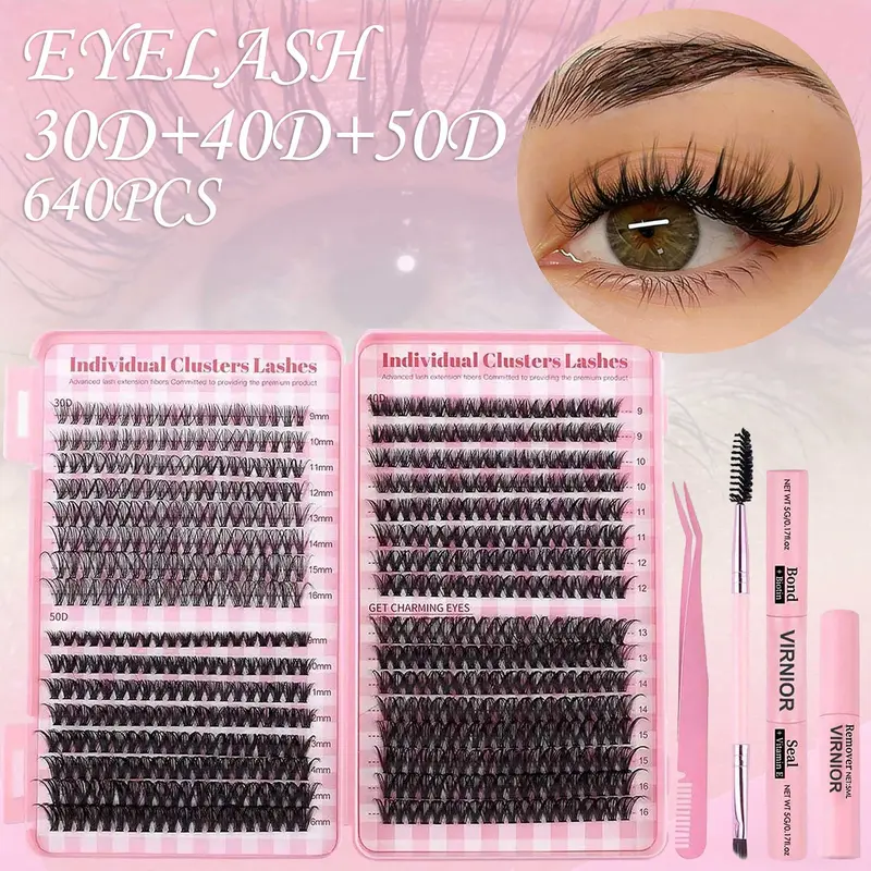 Mixed Length False Eyelashes 30D 40D 50D with Bond and Seal & Remover & Tweezers & Eyelash Curler, Natural Eyelash Extensions, VIRNIOR Lash for Eyelash Enhancements, Lashes Glue Extension,  Lashes Clusters, Cosmetic, Flawless Makeup Lightweight