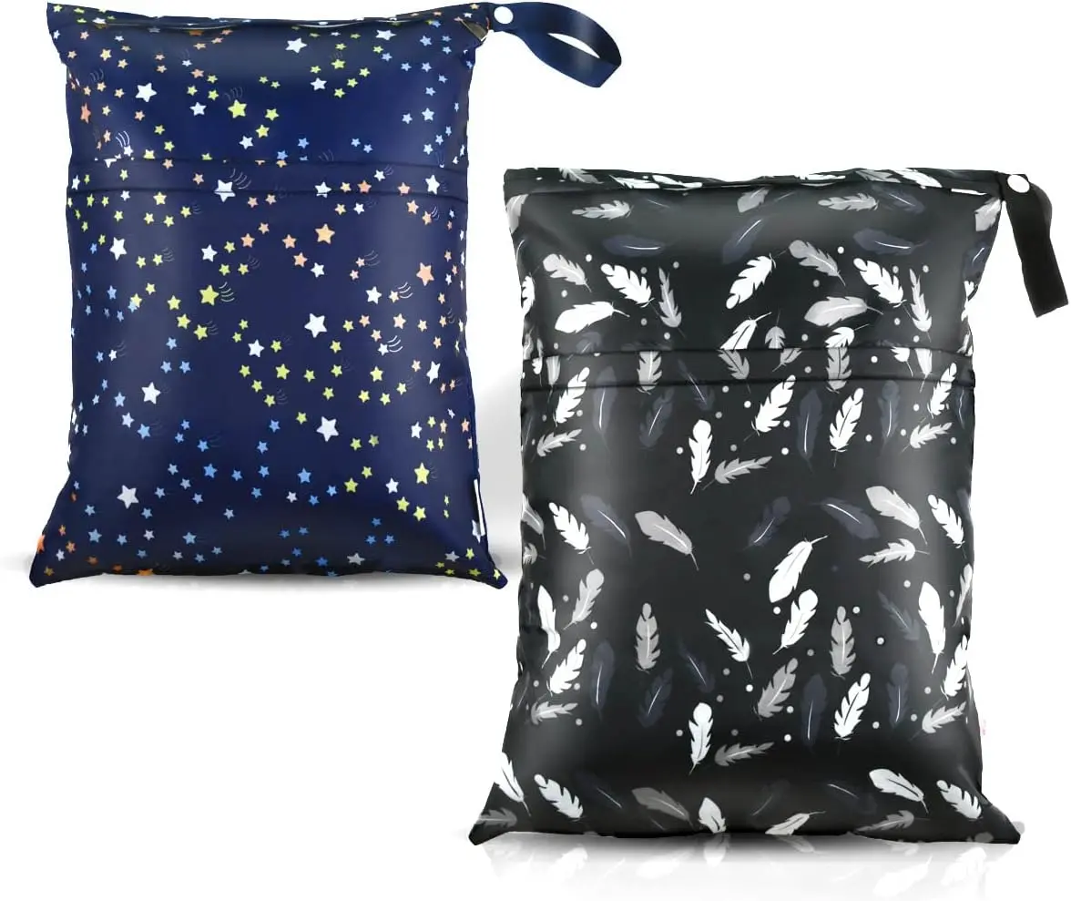 2 Pcs Waterproof Reusable Wet Dry Bag for Diaper Baby Cloth Gym Clothes Washable Travel Bags for Beach Pool Swimsuits Pockets with Two Zippered Dirty Diapers Stroller Yoga Toiletries Daycare Organizer