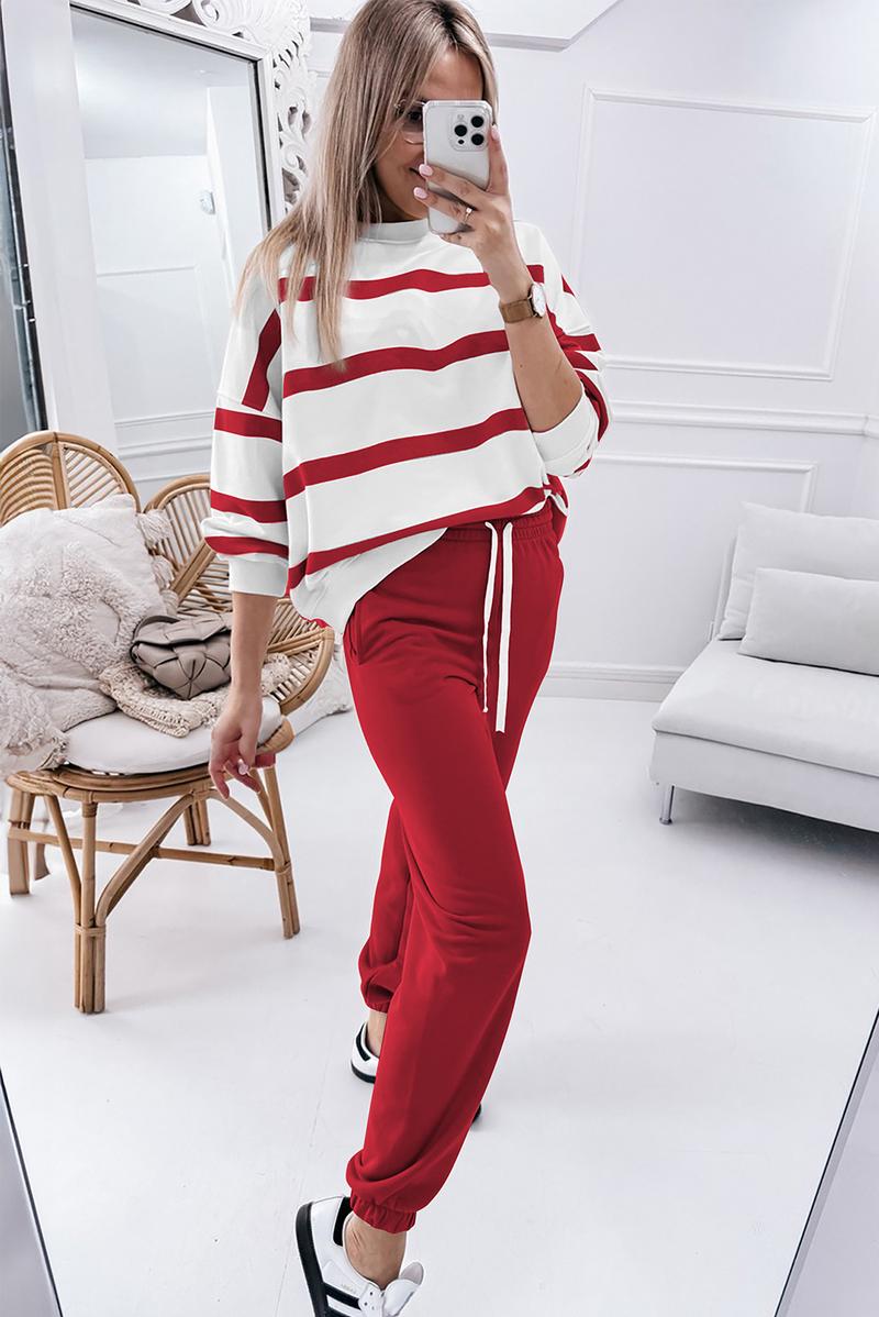 Mntaor Women's Striped Two Piece Outfit Long Sleeve Drop Shoulder Pullover Tops & Jogger Pants Sets Casual Style Comfortable Everyday Wear,Winteroutfit