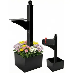 1 Set Iron Mailbox Posts with Planter Box for Outside 56 Inch / 4.6 ft Tall Decorative Mount with Flower Box Heavy Duty Architectural Post(Black)