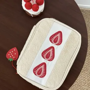 Strawberry Embroidery Makeup Bag with Plaid Lining, Portable Cosmetic Pouch for Daily Use, Travel Cosmetic Bags, Cute Korean Style Travel Essential