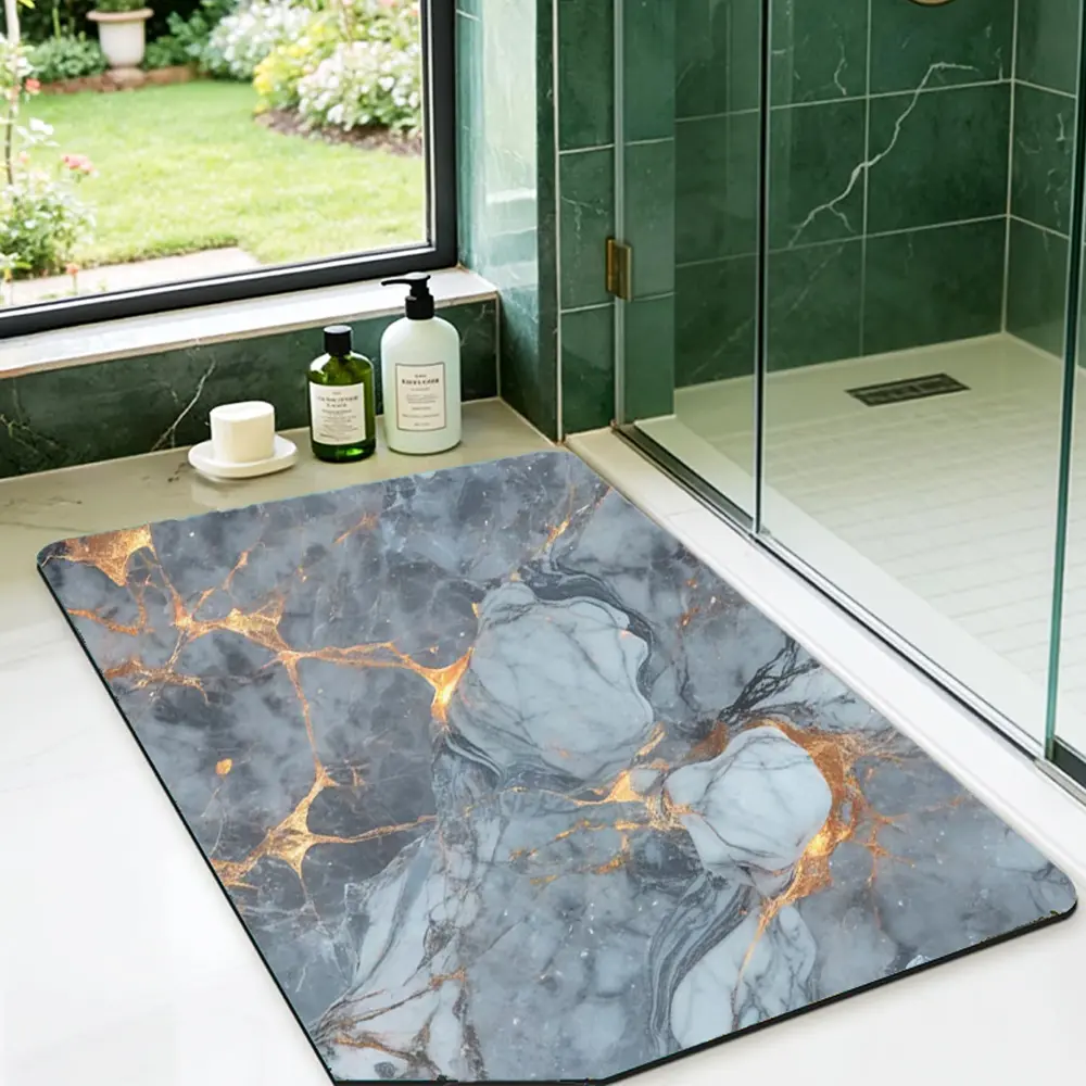 Luxury Gray Gold Marble Bathroom Mat - Ultra Absorbent, Quick Dry, Non-Slip Rubber Back Bath Rug for Bathroom Floor Grey Bath Mat Bathtub Mat Non Slip