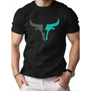 Men's Casual Short Sleeve Crew Neck T-Shirt with Bull Head Graphic - Black with Teal Geometric Design, Perfect for Summer, Outdoor & Home Wear, Casual Summer Wear |   Bull Head Design |   Smooth Fabric