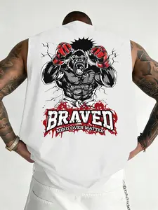 Men's Monkey Fighter Print Sleeveless Round Neck Vest, Casual Comfortable Street Style Top, Summer Outdoor Fitness Wear