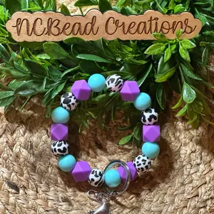 Silicone Bead Wristlet, Cow Print Wristlet, Silicone Beads, Keychain Wristlet