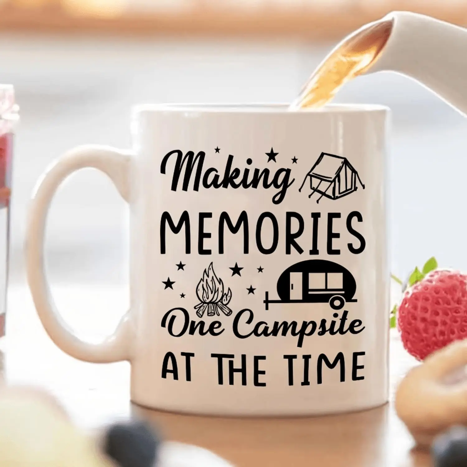 1pc 11Oz Ceramic Camping Mug with Campfire, Tent, RV & Stars Design - Dishwasher Reusable Coffee Cup for Campers, RV Enthusiasts, Outdoor Lovers - One Campsite at a Time Slogan, White Camping Trip Gift for Men And Women