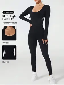 Women's Fall Winter Fleece Lined, Sexy Tight-Fit Stretch Romper, Sporty Plain Above Ankle Length, Moderate Fabric, Workout Jumpsuit