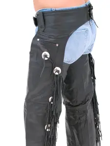 JAMIN LEATHER® Genuine Buffalo Leather Chaps With Fringe and Conchos #C701CFB Embossed Belt Buckle Adjustable Front Belt Unisex Cowboy Gaitbelts