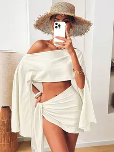 Purple Two Piece Set – Asymmetric Crop Top & Mini Skirt, Summer Beach Vacation Outfit for Women