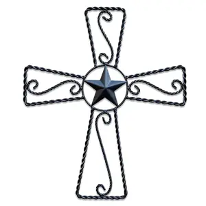 Metal Cross Wall Décor – Rustic Iron Home Art Decorations, Large Texas Country Western Scroll Barn Star Decoration for Living Room or Outdoor, Vintage Hanging Crosses and Stars (Black, 20"x17" (LG))