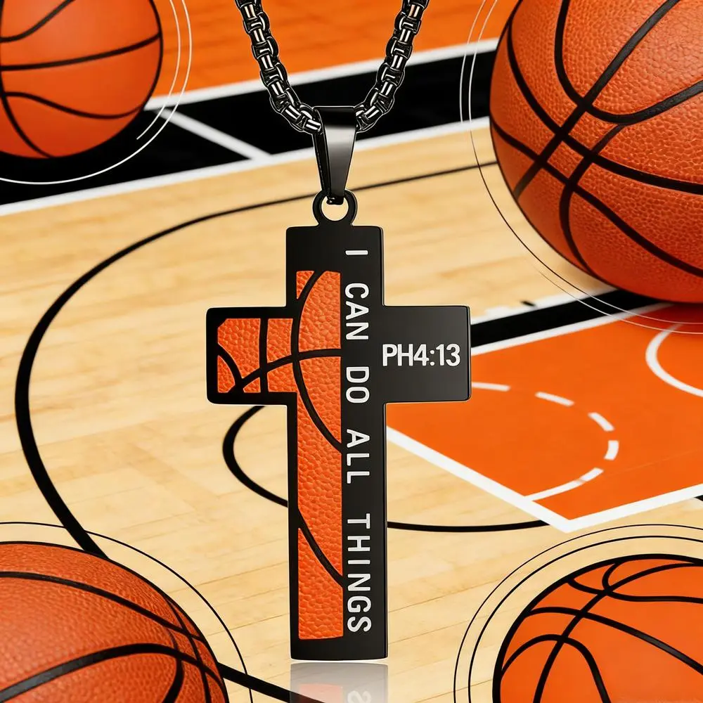 Men's Stainless Steel Basketball Cross Necklace - Faith-Based Fashion Religious-Themed Pendant with 'I Can Do All Things' Bible Verse for Daily Casual Wear, Religious-Themed Necklaces
