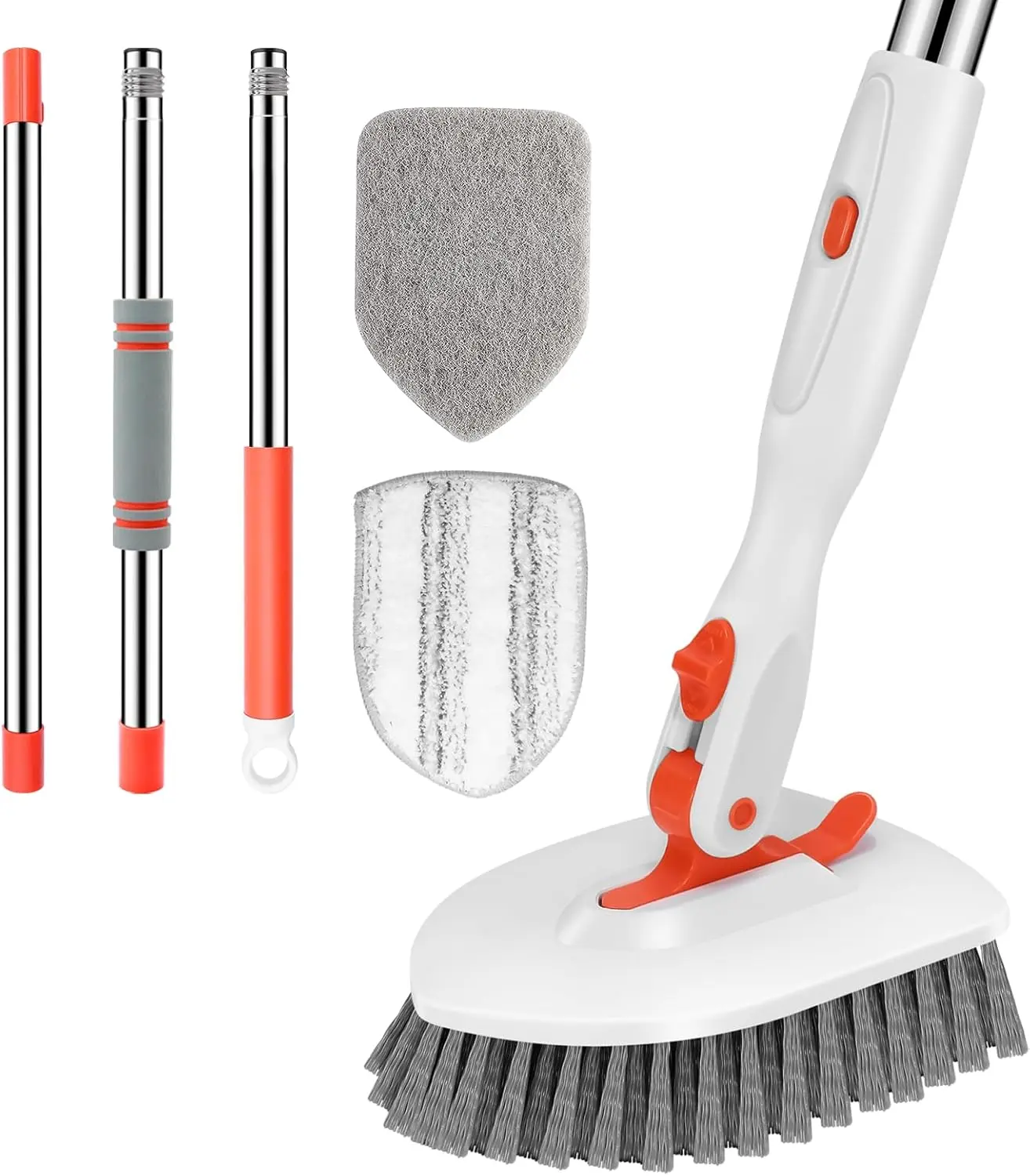 3-in-1 Plastic Tub Scrubber Brush with Long Adjustable Stainless-Steel Handle, 3 Replaceable Heads (Bristle, Pad) for Toilet, Glass Bathroom Home Cleaning Supplies