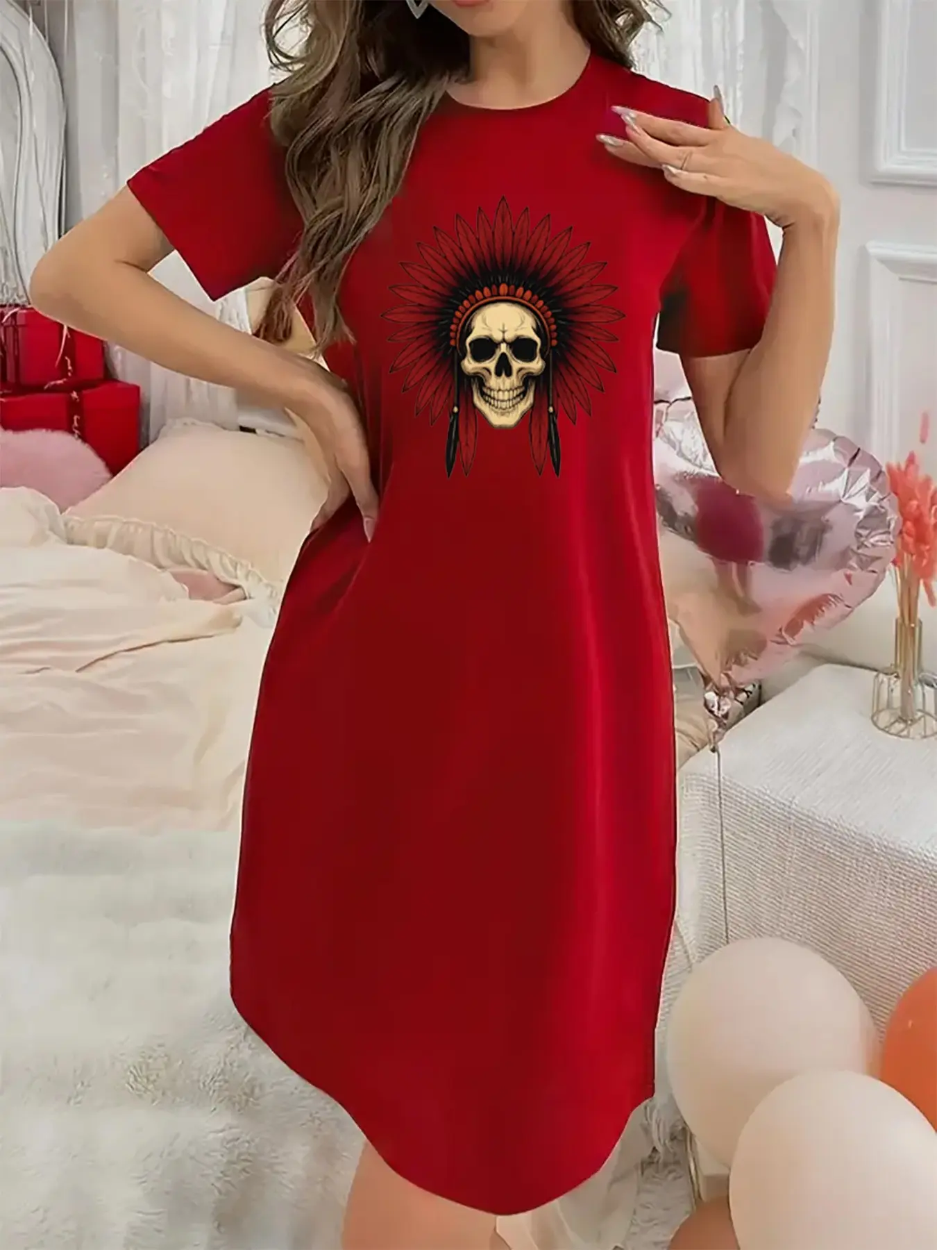 skull dressing gown ladies Soft Micro Elastic Summer With Indian Style Skull Print Short-Sleeved Crew  Neck Night Dress