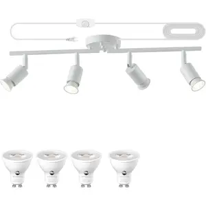 Dimmable 4 Light White Plug in Track Ceiling Lighting Fixture with 16.4' Long Cord, 4 Way Ceiling Spotlight, Rotatable Wall Mount Light Head, LED Dimmable Spot Bulbs Included