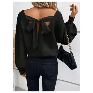 Tie Back V Neck Sweater, Backless Long Sleeve Sweater Fall & Winter, Women's Clothing