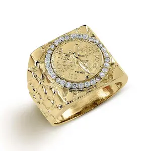 50 Pesos Mexican Coin Square Nugget CZ Band Ring 14K Gold Plated Ringfor Men Women Unique Gift Jewelry