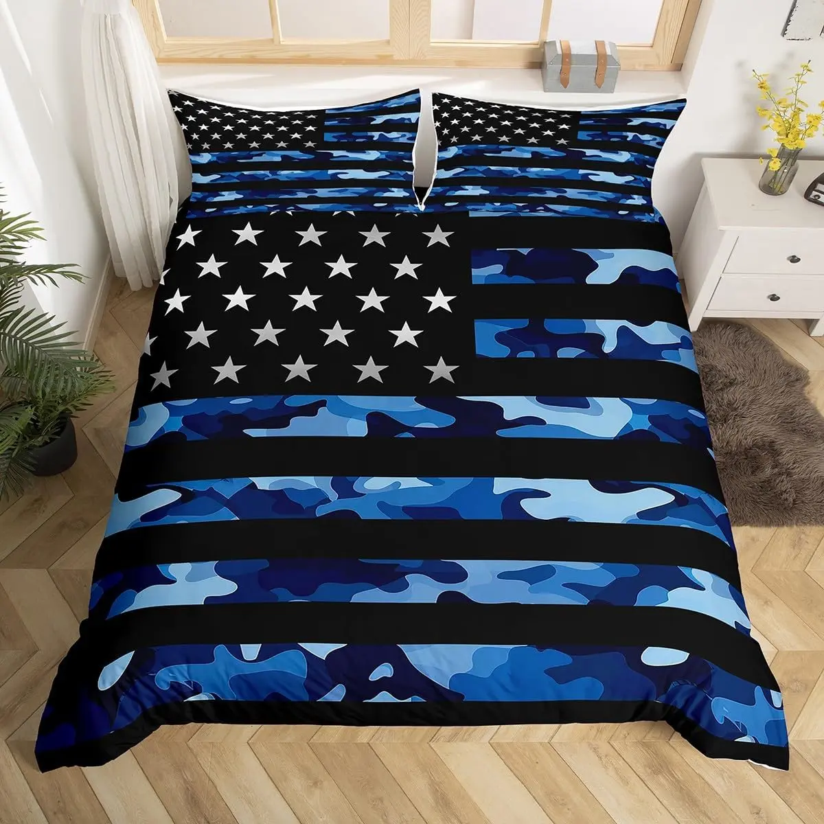 Blue Camo American Flag Bedding Set,Camouflage Stars Stripes USA Flag Duvet Cover Bed Comforter Cover Set,Navy Blue Black Bedding Quilt Cover Set Decorative