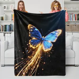 Dreamy light effect butterfly style printed blanket, facecloth blanket, full of romantic healing and fantasy aesthetics, soft and cozy, suitable for sofa, bedroom and travel, suitable for all seasons