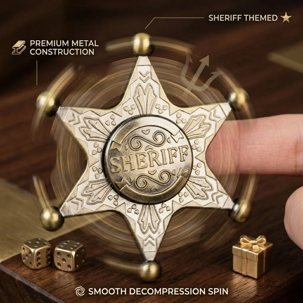 Metal Sheriff Badge Fidget Spinner - 6-Point Star Themed, Neptune Badge Fingertip Topspin, Birthday & Board Game Decompression Toy