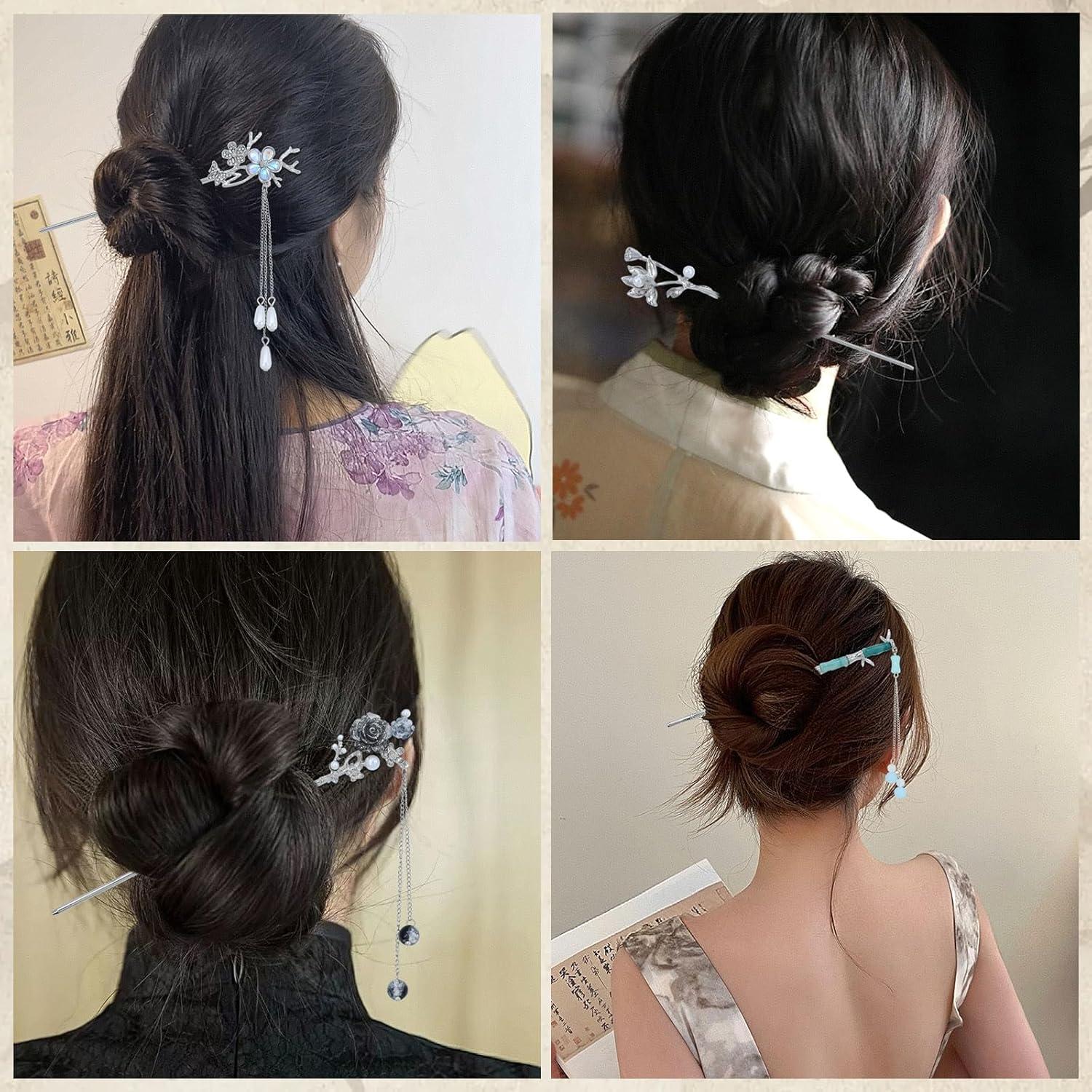 8 PCS Retro Vintage Traditional Hanfu Silvery Metal Flower Hair Sticks with Bead Pendants Bamboo for Lotus Long Hair Chopsticks Forks Bun Updo Holders Hairpins