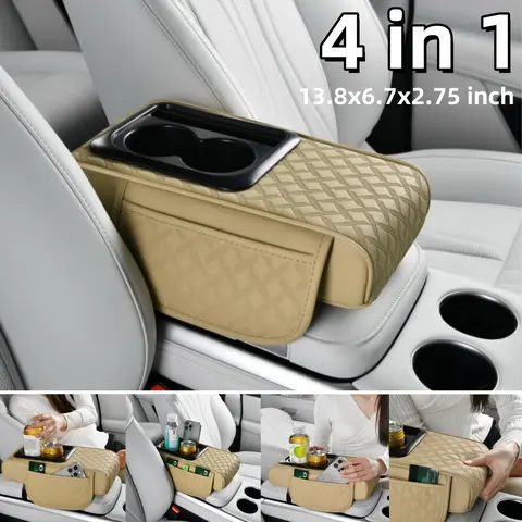 4 in 1 Universal Car Armrest Cover Pad - 13.8x6.7x2.75 inch PU Leather Center Console Cover with Cup Holder & 2 Pockets, Multifunctional Hand Rest Cushion Protector Top Car Middle Center Console Armrest Cover Pad Mat