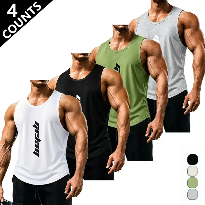 4-Pack Men’s Motivational Fitness Tank Tops — Summer Essential Quick-Dry Tanks with High Stretch, Text Print, Comfortable Fit — Ideal for Gym Workouts, Strength Training, Running, and Physical Conditioning