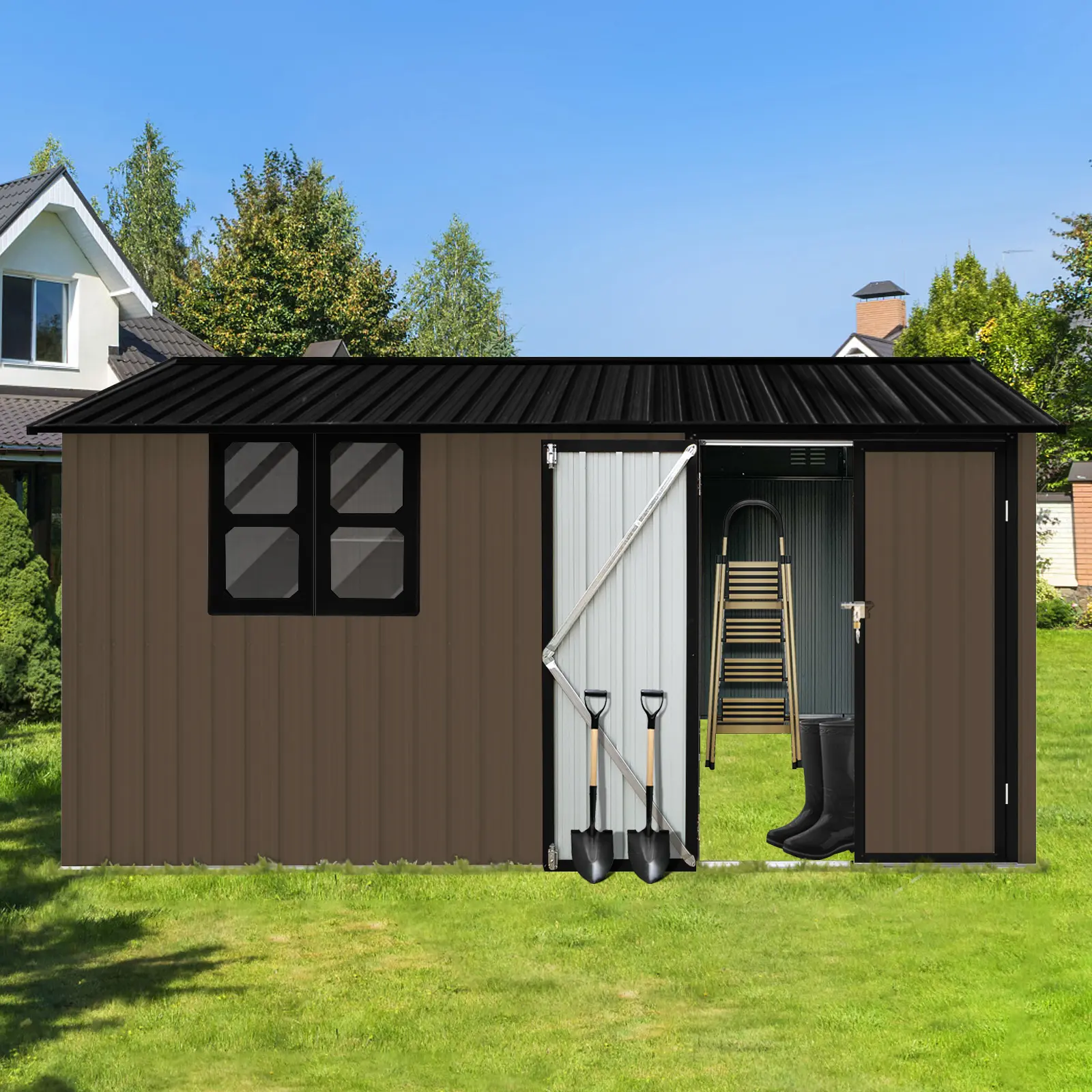 Weatherproof Metal Garden Shed - 12x10 FT Outdoor Storage Shed with Apex Roof, Integrated Vents, Window, Hinged Lockable Door & Padlock, Weatherproof Metal Shed