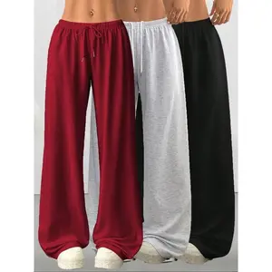 Women’s casual loose drawstring pants, 3-piece set of solid-color pants, comfortable fabric wide-leg loungewear, suitable for outdoor wear in spring, summer, autumn, and winter GARMENTARY