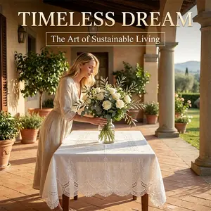 Handmade Lace Tablecloth, Vintage Crochet Organic Cotton, Asymmetric Flower Design, Non-Slip Base, for Dining, Kitchen, Wedding, Party