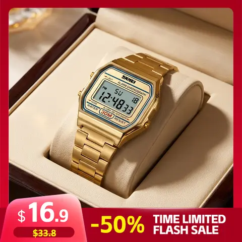SKMEI Men's Antique-Inspired Gold-Accented Luminous LED Waterproof Digital Wristwatch - Small Square Retro INS-Style Casual Watch with Alarm, Calendar, Timing, Battery-Operated Men's Accessory (Birthday Gifts for Him, Adults)