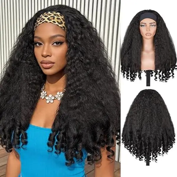 Afro Curly Headband Wig Synthetic Yaki Curly Half Wigs for Black Women Glueless Headband Wig with Bottom Bouncy Curls Blowout 4c Hair Style Natural Black 23 In