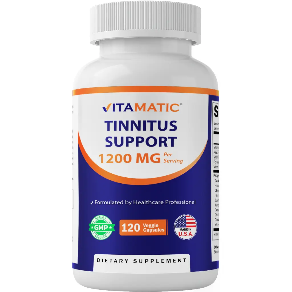 Vitamatic Edible Tinnitus Aid Dietary Supplement - 120 Veggie Capsules, 1200 mg Per Serving, GMP Certified, Non-GMO, Gluten-Free, Multi-Ingredient, Ear Support, Reduces Ringing in Ears, Vitamins & Minerals Included