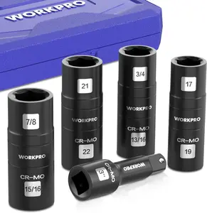 WORKPRO 5PCS Impact Socket Set 1/2" Drive, Lug Nut Socket Set, Wheel Socket Set Cr-Mo Steel, Includes 1PC 3" Extension Bar & 4PSC Flip Sockets of 6 Metric and SAE Sizes