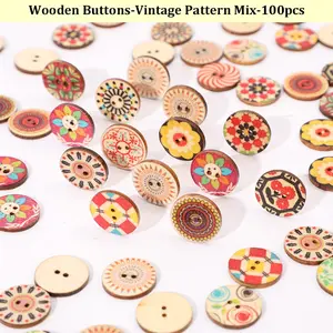 Mixed Size Vintage Wood Buttons, Colorful Printed Round Wooden Buttons,  20mm , Handmade Sewing DIY Craft Decor, 100 Pieces Per Pack