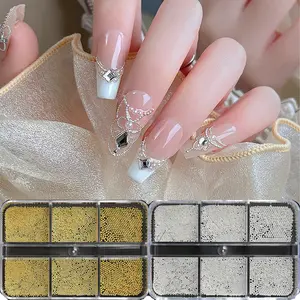 6-Grid Assorted Silver Gold Nail Art Beads, 3D Metallic Steel Balls for Minimalist Manicure, Flatback Rhinestones for DIY Acrylic Nails, Bling Rhinestone Decoration, Phone Case & Jewelry Making, Shiny Metal Studs Decoration Kit