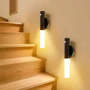 Motion Sensor Night Light Set, Magnetic Wall Lamp, USB Rechargeable LED Strip Light, Wireless Staircase Light, Indoor Wooden Wall Lamp