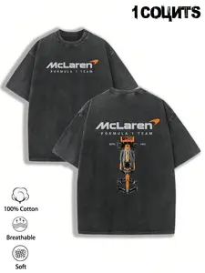 1 Unisex Vintage Washed Black Oversized Casual Tee, McLaren F1 Team Car Graphic, Double-Sided Design, 100% Soft Cotton, Ideal for Motorsport Fans & Street Style