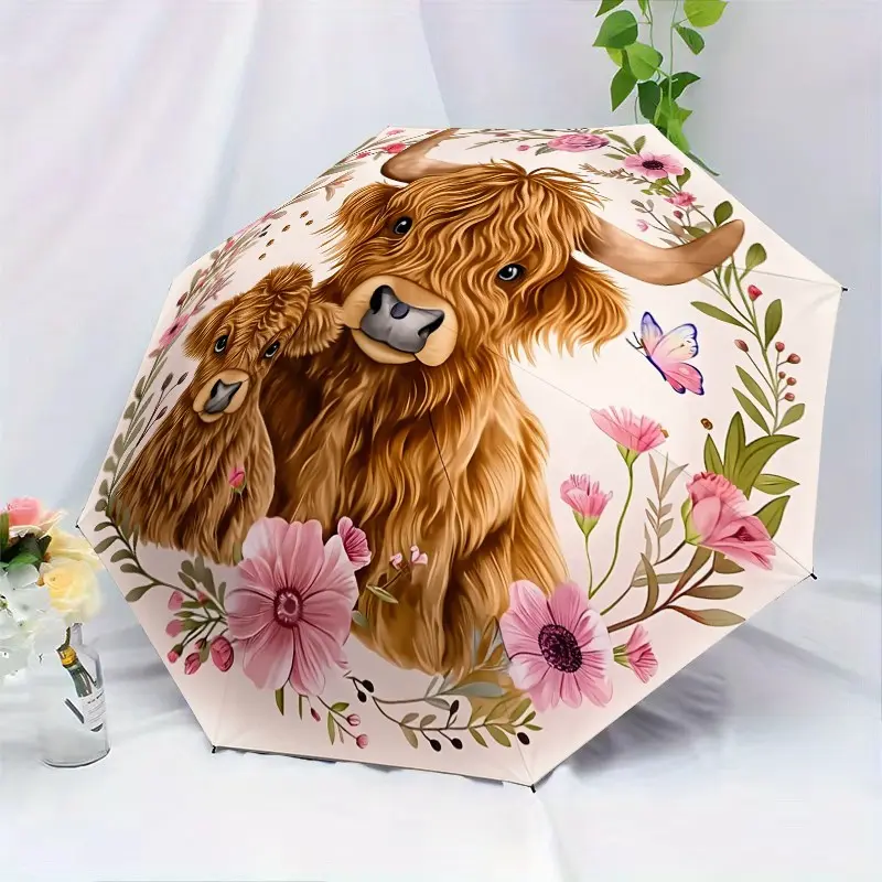 Automatic Folding Umbrella, High Cow Floral Pattern, 8-Rib Design, Portable, Lightweight and Durable, Ideal for Spring and Summer, Perfect Gift