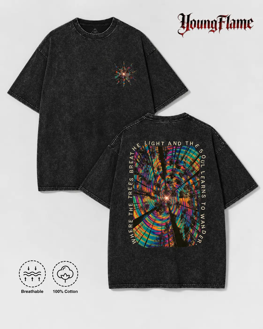 Vintage Acid Wash Trippy Forest Graphic Tee Psychedelic Festival Streetwear Y2K Clothing Oversized Summer Top loose fit casual shirt cotton t-shirt