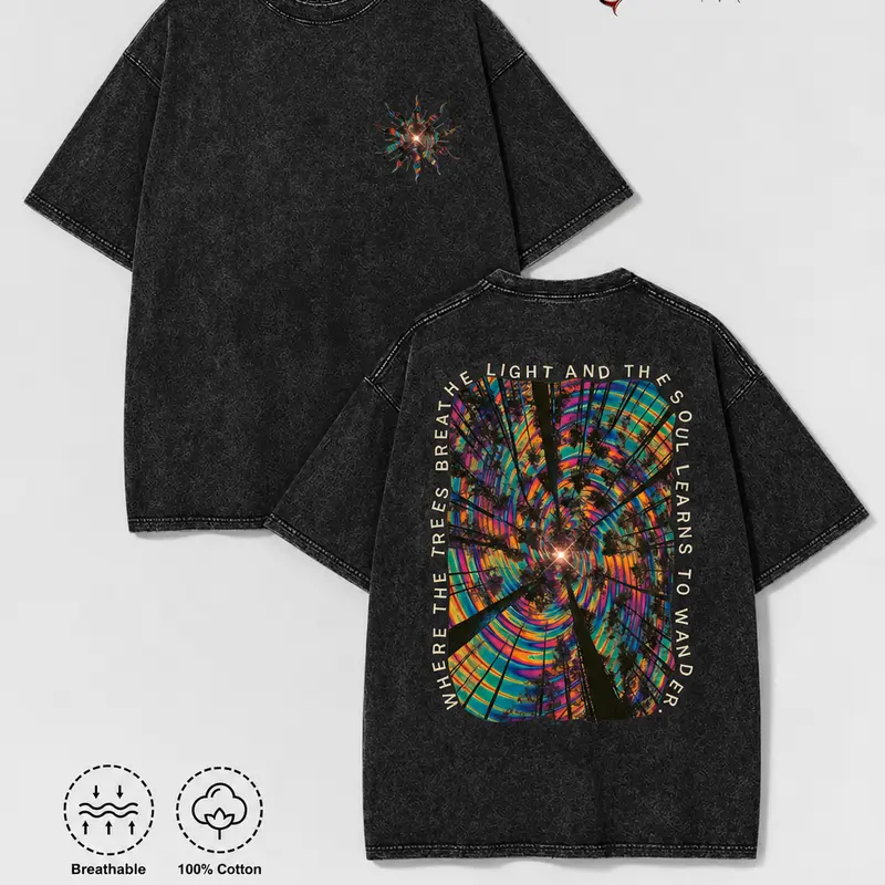Vintage Acid Wash Trippy Forest Graphic Tee Psychedelic Festival Streetwear Y2K Clothing Oversized Summer Top loose fit casual shirt cotton t-shirt short sleeve