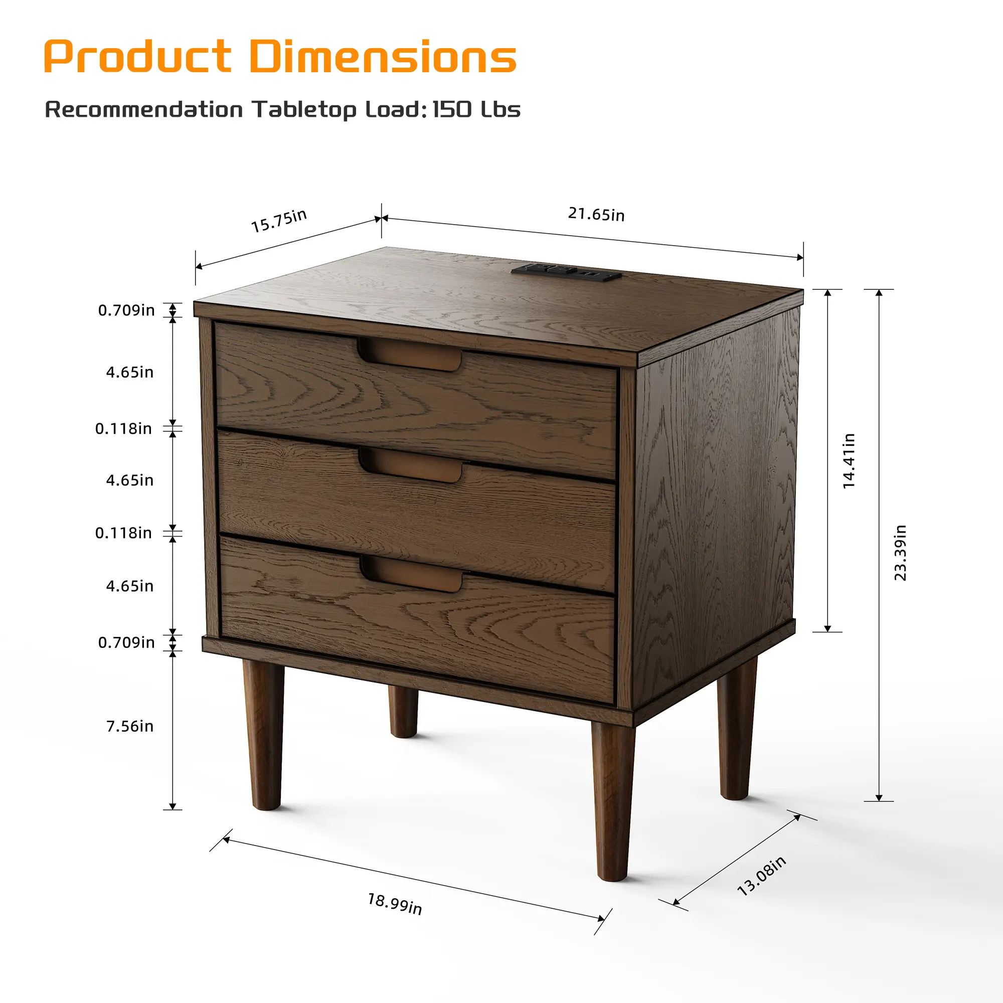 Solid Wood 3-Drawer Nightstand - Bedroom Furniture with Storage, Built-in Charging Ports (2 Power Outlets, 1 USB, 1 Type-C), Built-In Charging Ports Bedroom Furniture