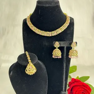 Beautiful Gold Tone Polki With Ad Sleek Necklace, Jhumka and Tikka Set