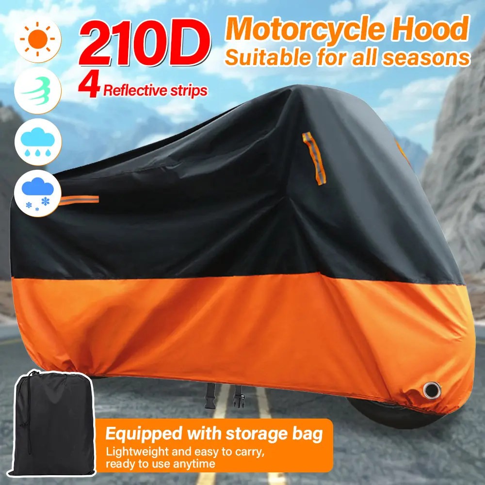 210D Waterproof Universal Motorcycle Cover with Reflective Strip, Rain Resistant UV Protection, All-Season Dust/Snow Sunshade for Electric Bikes & Motorbikes, Includes Storage Bag