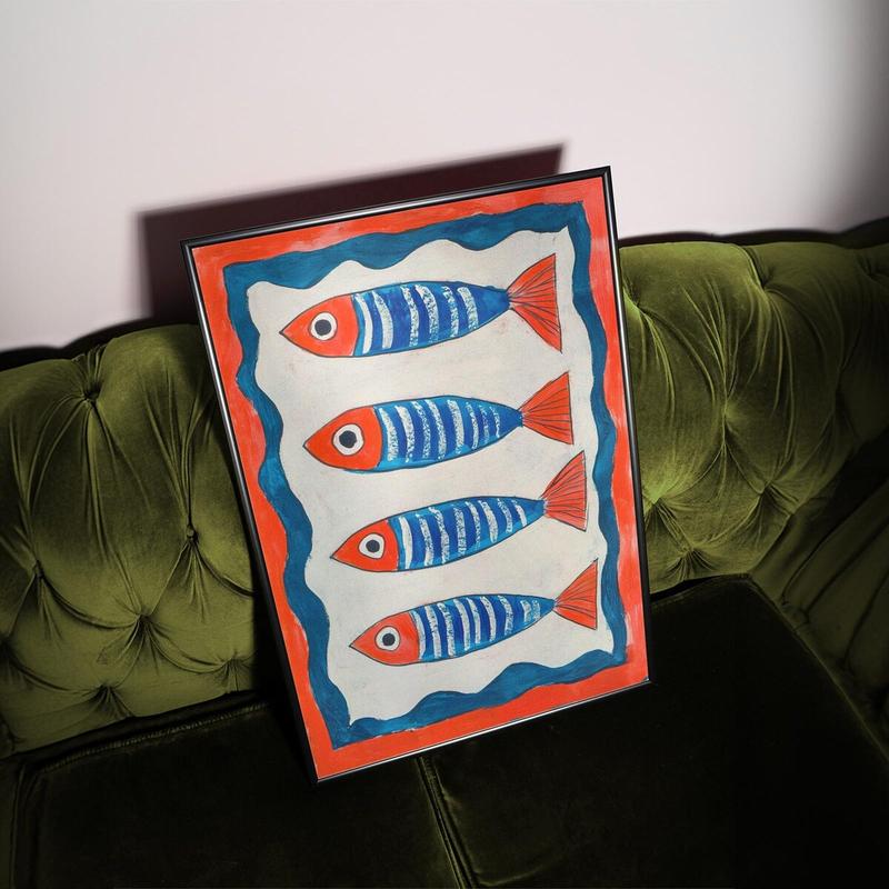 Red and Blue Sardines Wall Art, Playful Hand-Drawn Coastal Print, Mediterranean Kitchen Decor, Nautical Fishermancore Poster, Unframed