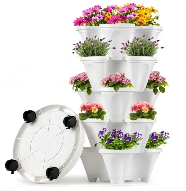 White 5-Tier Stackable Vertical Planter with Wheels - Movable, Weatherproof, Compact Footprint, Tray Included, Sunlight Access for Herbs, Strawberries, Vegetables, Flowers - Indoor-Outdoor Use for Kitchens, Balconies