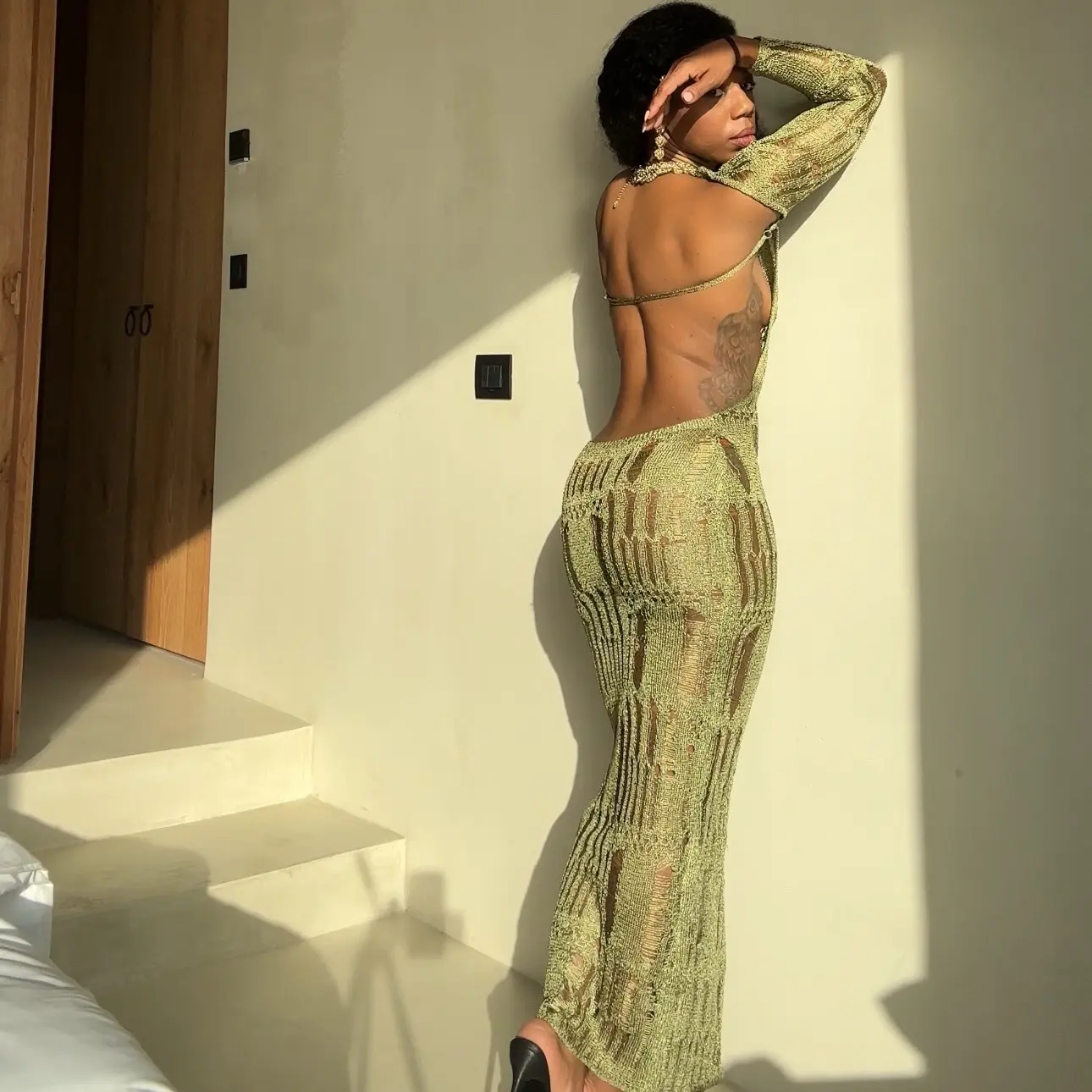 Long Sleeve Backless Shimmering Knit Dress Holiday Slim-fitting Women Fall  Winter - TikTok Shop