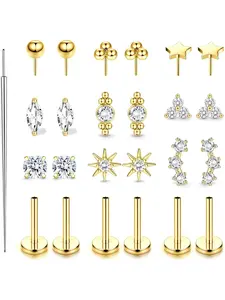 1 Set 20G 18G Threadless Flat Back Earrings, Hypoallergenic Push in Stud Earrings 14K Gold Plated 316L Surgical Steel Cartilage Helix Conch Tragus Nose Piercing Jewelry for Women