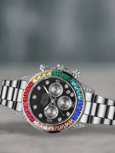 A men's 2025 popular silver black full diamond three eye multifunctional large rhinestone business versatile fashionable and handsome quartz Analog Watch Rhinestone Watches Quartz Wristwatch