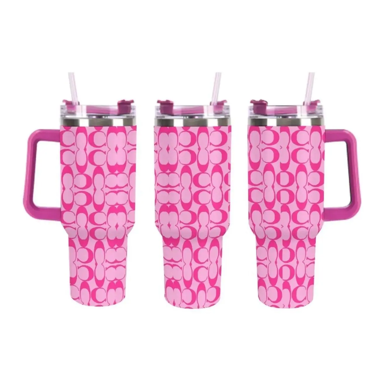 40oz Hot Pink Monogram Print Tumbler with Straw - Pink On Pink Designer Inspired Reusable Stainless Steel Travel Cup, Cute Aesthetic Daily Drink Mug